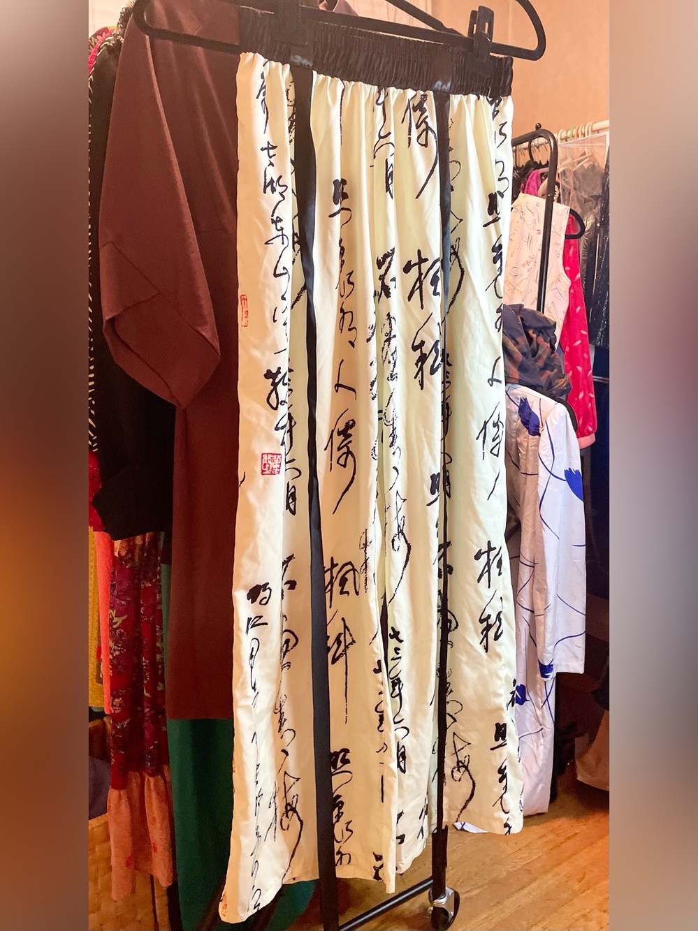 Cream and Black Calligraphy Print Wide leg Pants